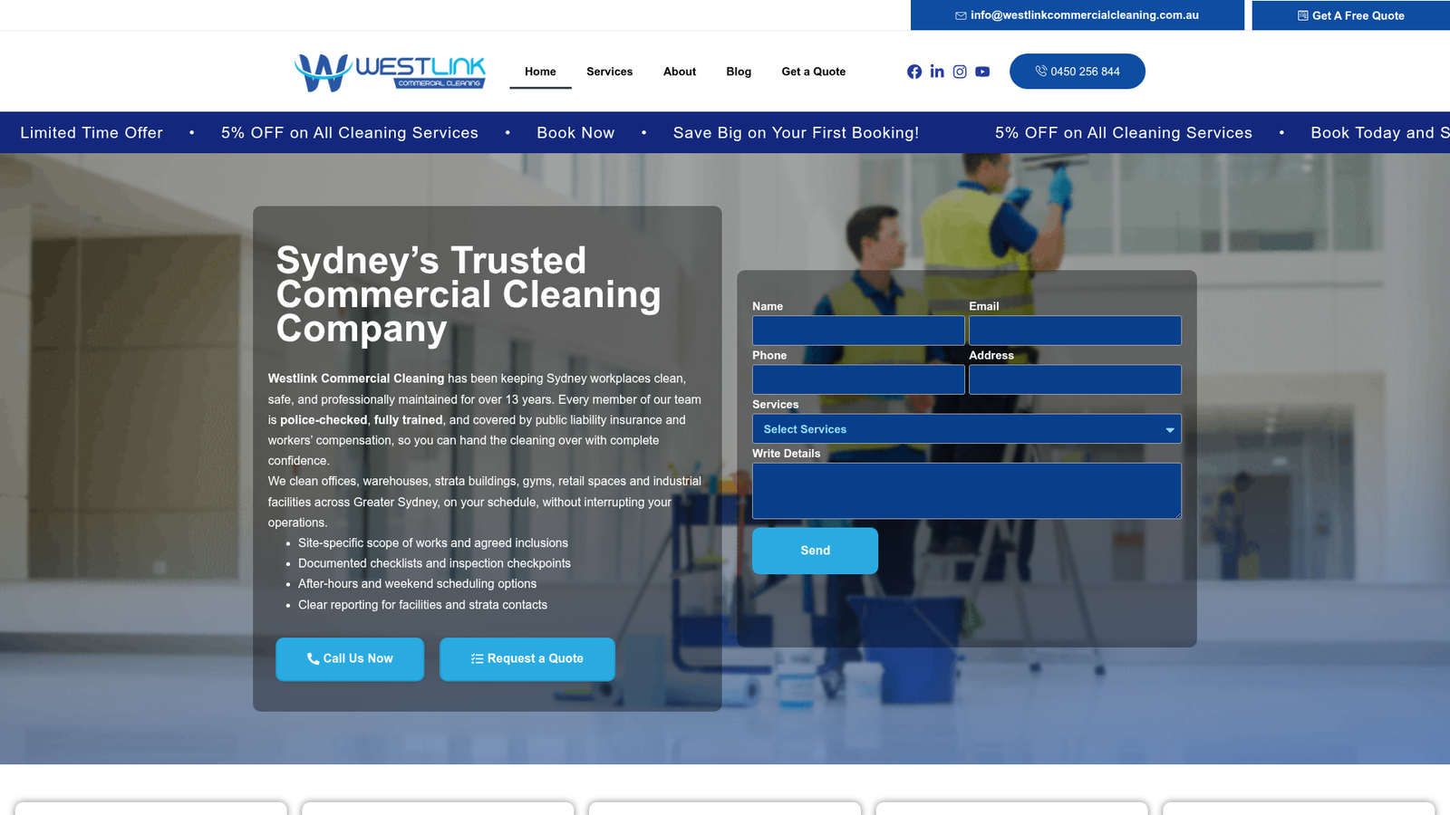 Westlink Commercial Cleaning desktop website screenshot